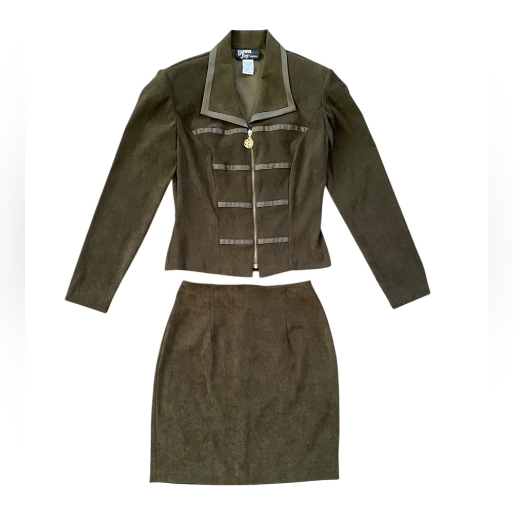 Dawn Joy Fashions Olive Green Two Piece Skirt Set Mini Skirt Zip Jacket Size 4